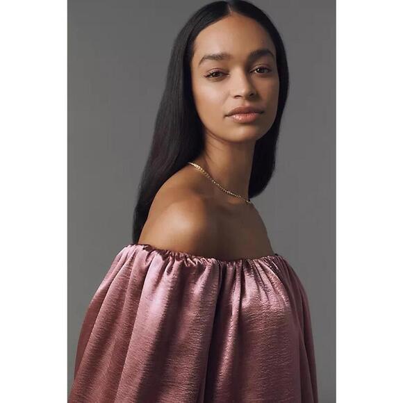 Mare Mare Off-The-Shoulder Puff-Sleeve Shine Mini Dress Size M Pink - Picture 3 of 4